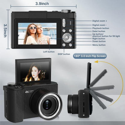 Videocamera 4K per vlog per principianti: 64 MP, messa a fuoco automatica, schermo girevole a 180°